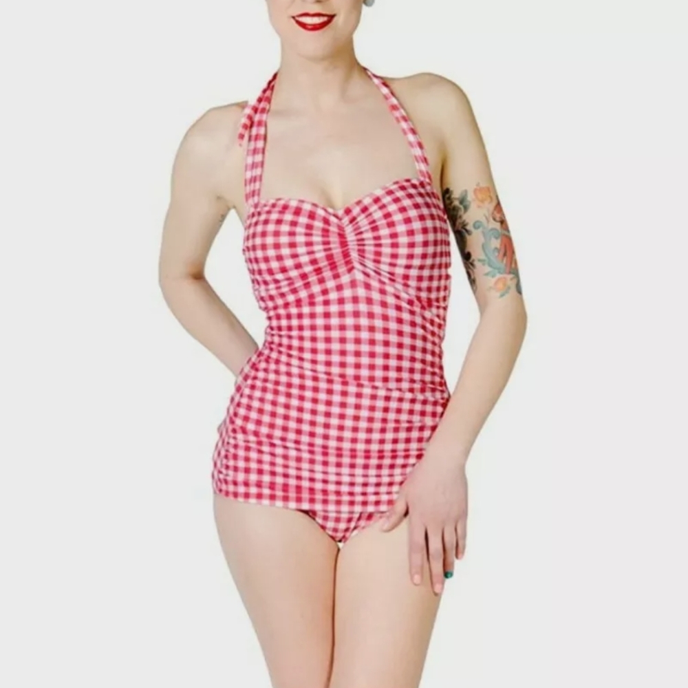 Modcloth Pink Gingham One Piece Swimsuit